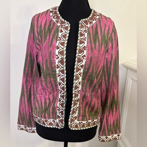 Sundance Open front cardigan jacket Pink/Olive print. embroidered edging Size XS